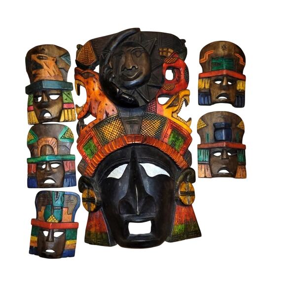 Vntg Hand Painted Hand Carved Myan Aztec Warrior Masks Sighned Set Of 6 Mexican - Picture 1 of 13